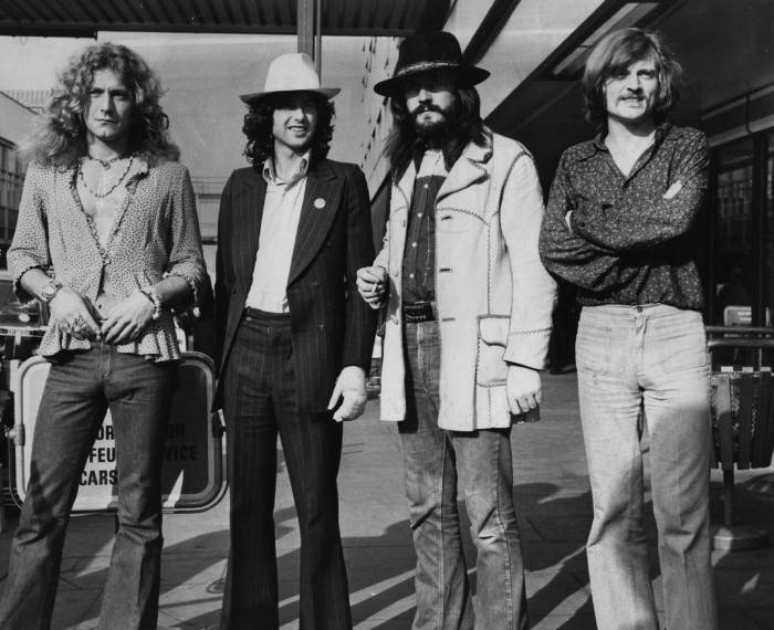June 1973:  British rock band Led Zeppelin. From left to right, Robert Plant, Jimmy Page, John Bonham (1947 - 1980), John Paul Jones.  (Photo by Evening Standard/Getty Images)