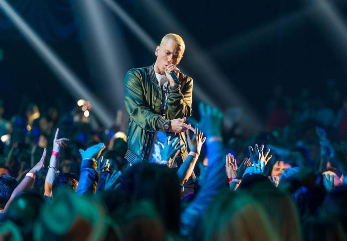LOS ANGELES, CA - APRIL 13:  Recording artists Eminem performs onstage at the 2014 MTV Movie Awards at Nokia Theatre L.A. Live on April 13, 2014 in Los Angeles, California.  (Photo by Christopher Polk/Getty Images for MTV)