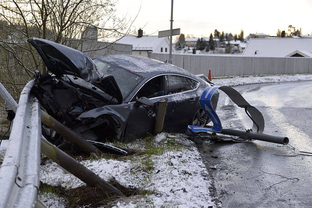 photo showing the remains of an Audi car belonging to Norwegian nordic skier Petter Northug, after he crashed in the Byasen area of Trondheim in Central Norway in the early hours of the morning of May 4, 2014. Northug admitted to have drunk driving.  AFP PHOTO / NTB SCANPIX / HENRIK SUNDGARD +++ NORWAY OUT        (Photo credit should read HENRIK SUNDGARD/AFP/Getty Images)