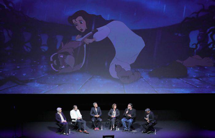 NEW YORK, NY - SEPTEMBER 18: (L-R) Angela Lansbury, Richard White, Robbie Benson, Paige O'Hara, Don Hahn and Eugene Hernandez speak on stage at the special screening of Disney's "Beauty and the Beast" to celebrate the 25th Anniversary Edition release on Blu-Ray and DVD on September 18, 2016 in New York City.  (Photo by Neilson Barnard/Getty Images for Walt Disney Studios Home Entertainment)